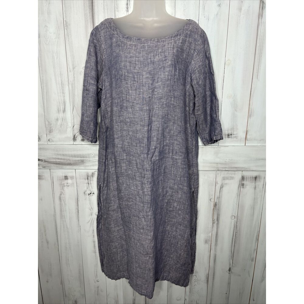 CP SHADES BLUE 100% LINEN 3/4 SLEEVE MIDI LAGENLOOK SLIT SIDES TUNIC SHIRT TOP M